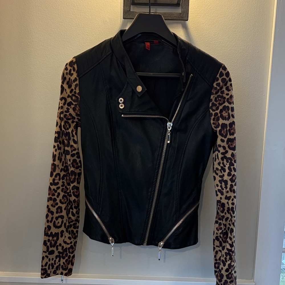 Saks Fifth Avenue Black Leather Jacket with Leopard Print Sleeves